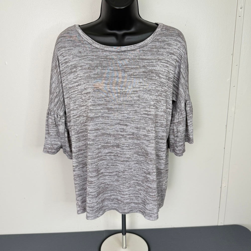 LOFT Top Womens XS Lounge Spacedye Grey Ruffle Tiered Sleeve Scoop Neck Knit